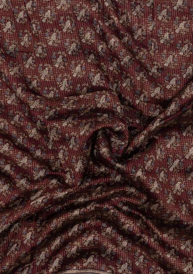 Maroon Printed Chanderi Cotton Saree With Bird Motifs For Women - Indya