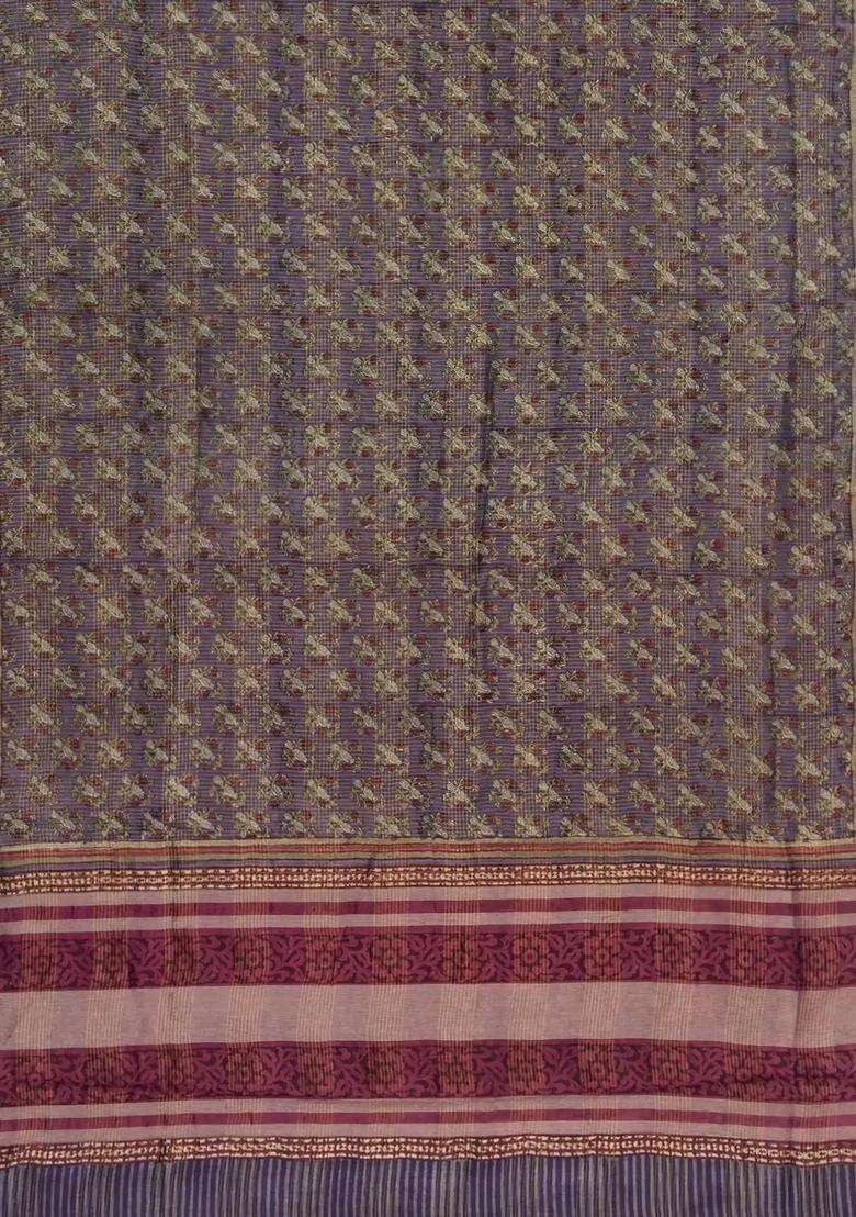 Dark Grey Printed Chanderi Cotton Saree With Bird Motifs For Women - Indya