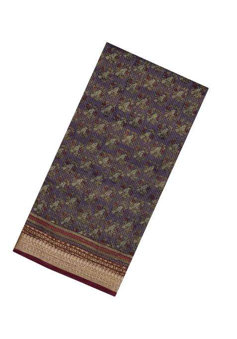 Dark Grey Printed Chanderi Cotton Saree With Bird Motifs For Women