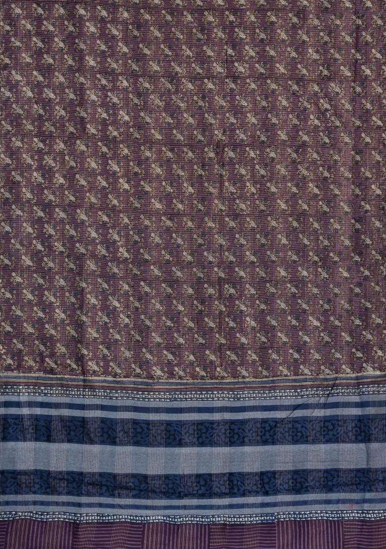 Lilac Printed Chanderi Cotton Saree With Bird Motifs For Women - Indya