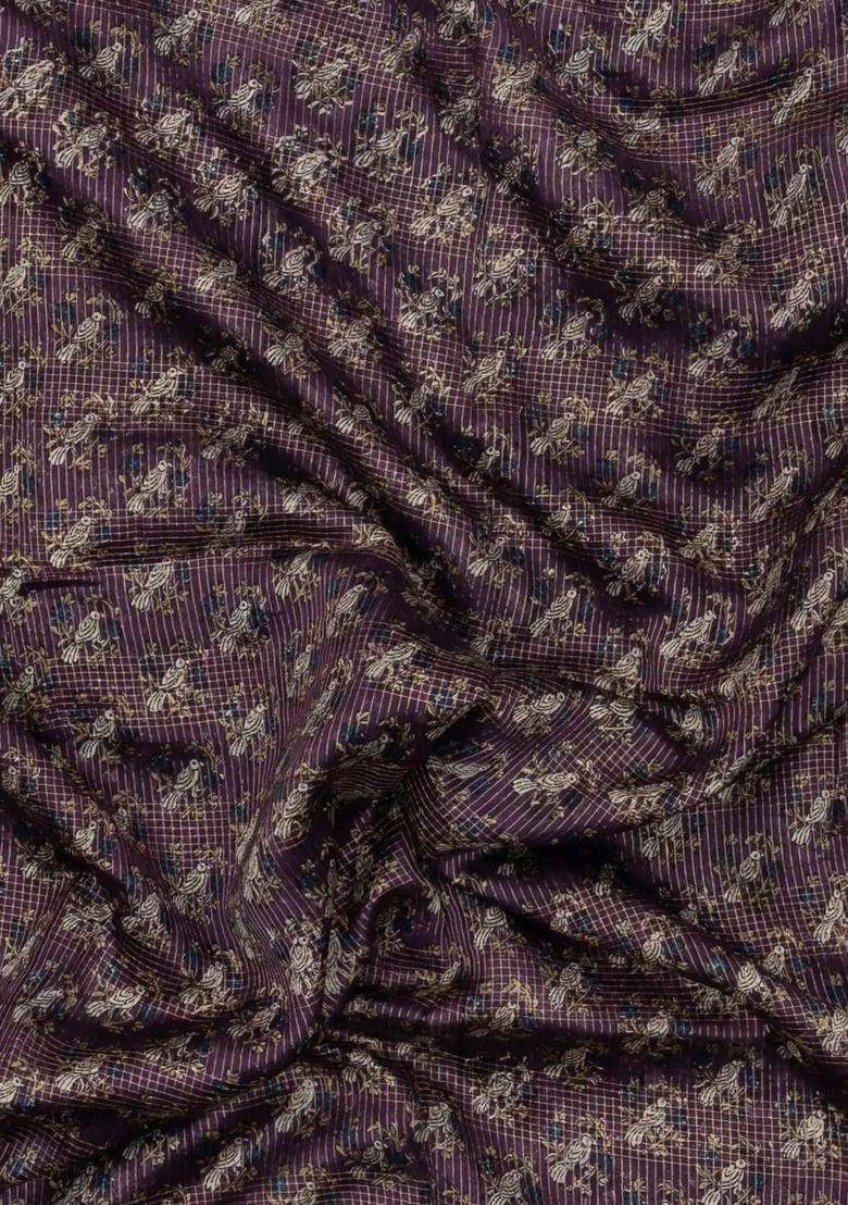 Lilac Printed Chanderi Cotton Saree With Bird Motifs For Women - Indya