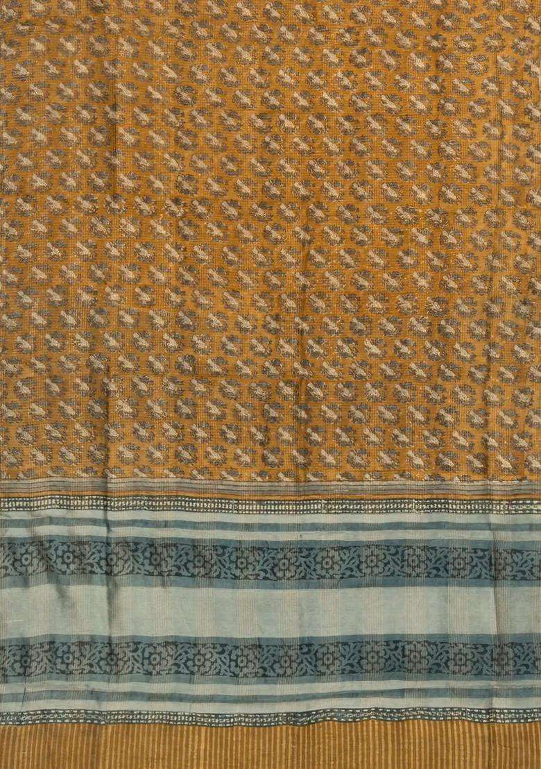 Mustard Printed Chanderi Cotton Saree With Bird Motifs For Women - Indya
