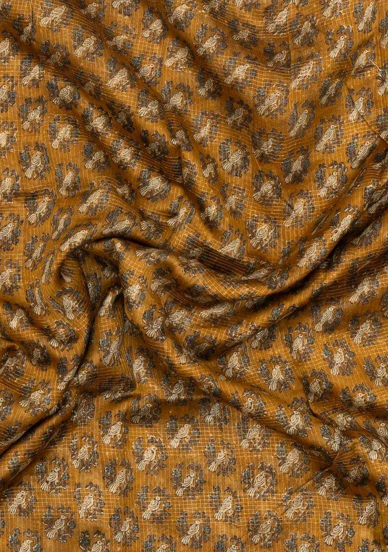 Mustard Printed Chanderi Cotton Saree With Bird Motifs For Women - Indya