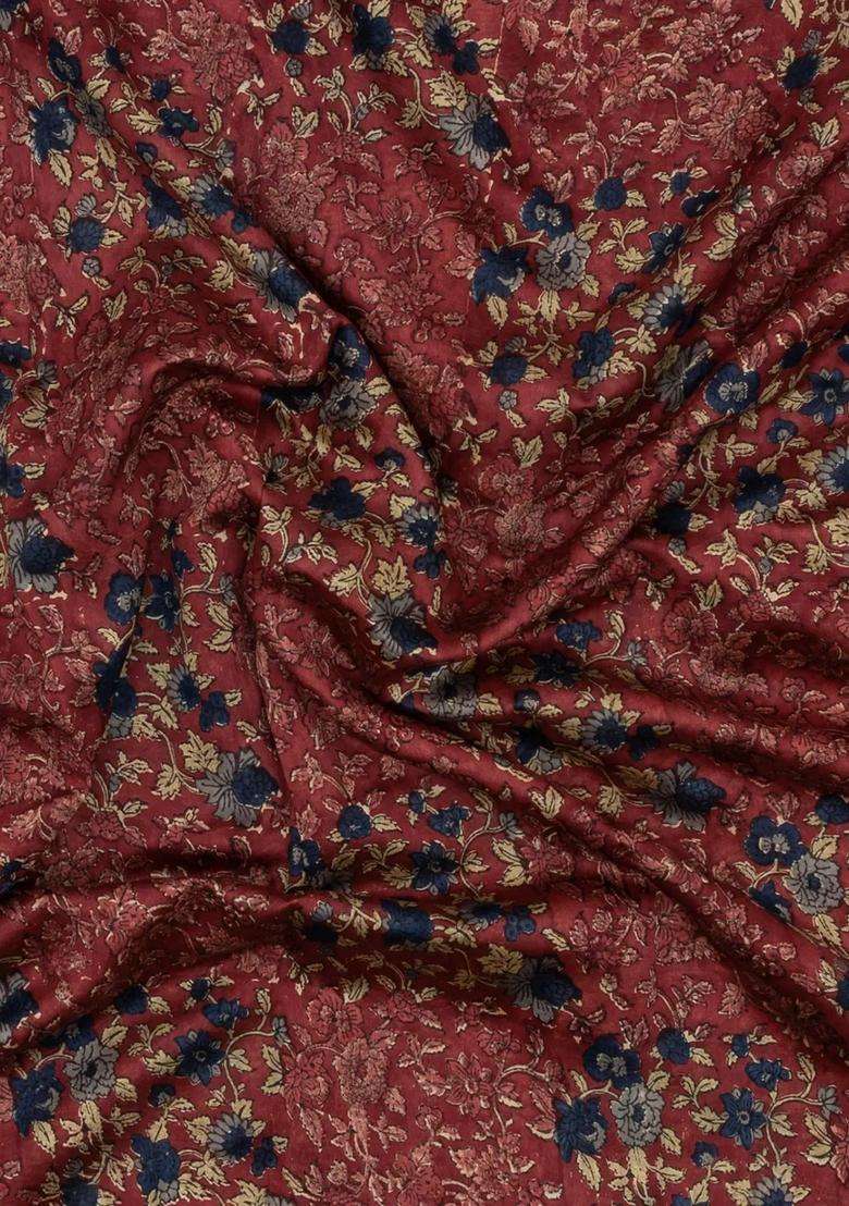 Crimson Printed Chanderi Cotton Saree With Zari Border For Women - Indya