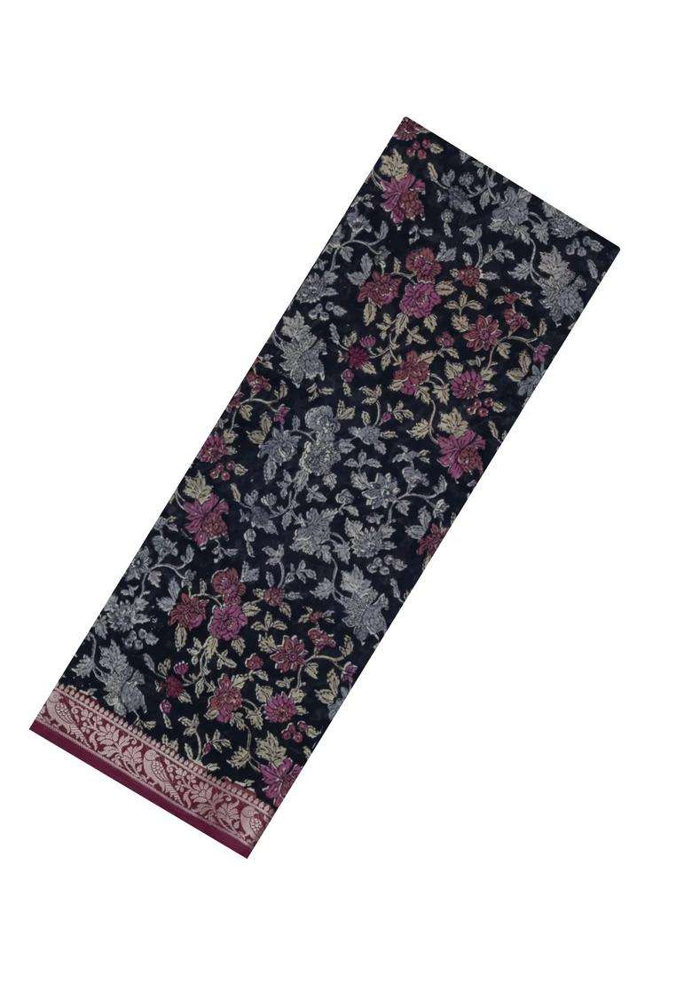 Black Printed Chanderi Cotton Saree With Zari Border For Women - Indya