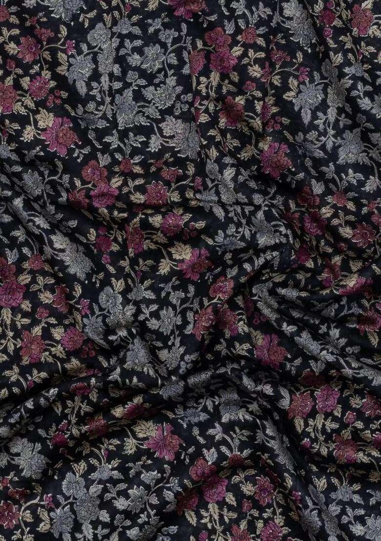 Black Printed Chanderi Cotton Saree With Zari Border For Women - Indya