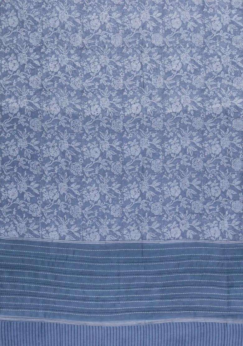 Grey Printed Chanderi Cotton Saree With Zari Border For Women - Indya