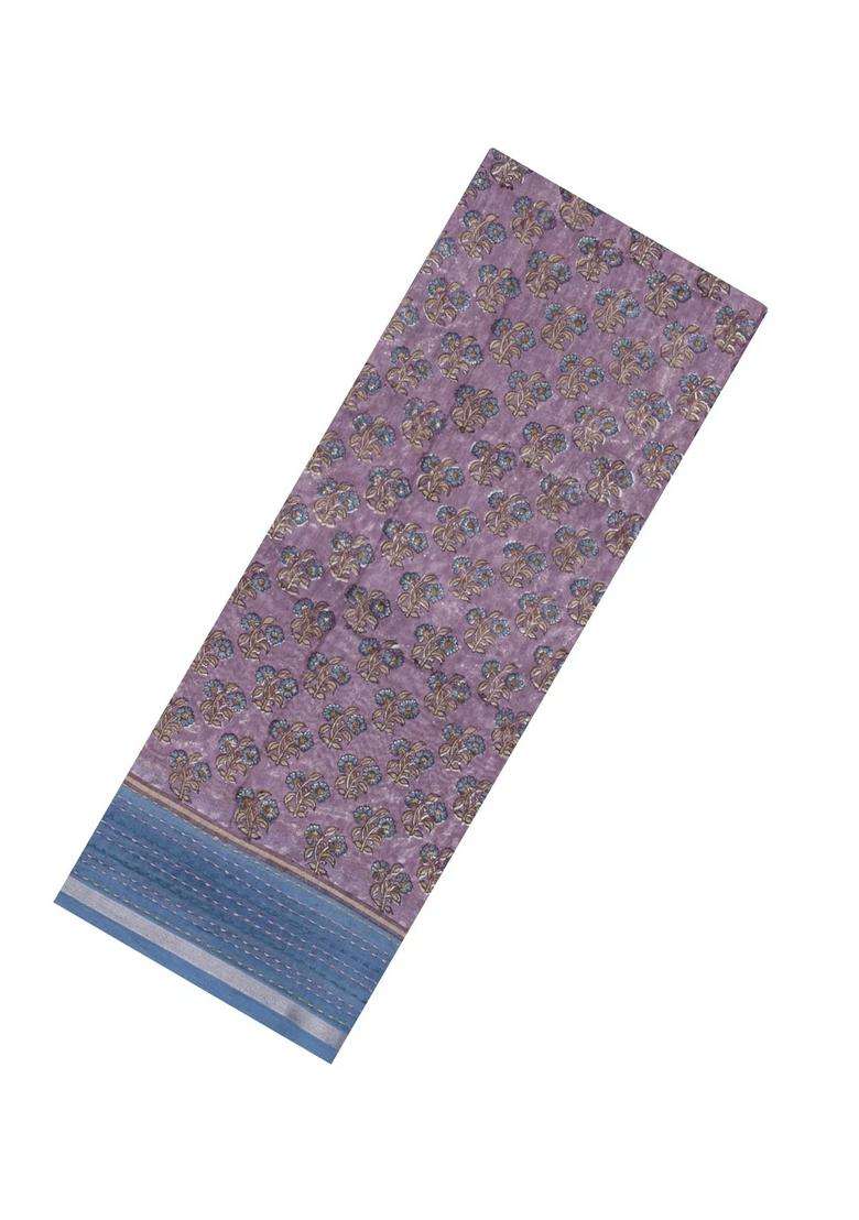 Lilac Printed Chanderi Cotton Saree With Zari Border For Women - Indya
