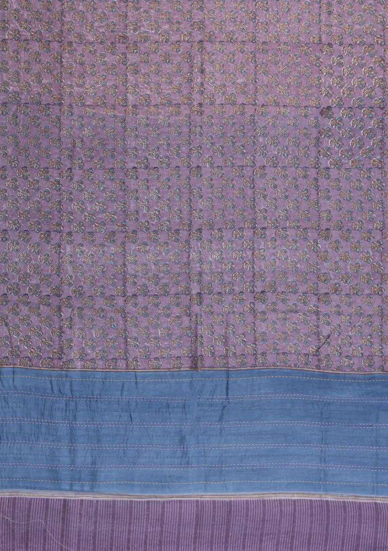 Lilac Printed Chanderi Cotton Saree With Zari Border For Women - Indya