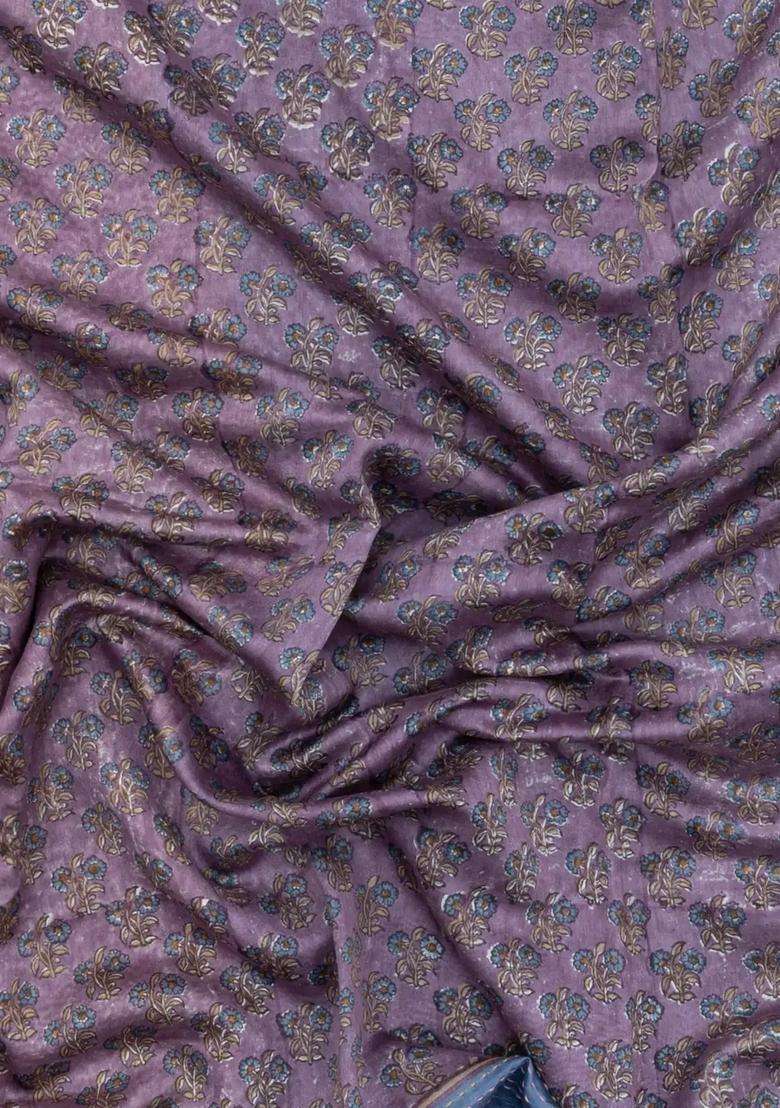 Lilac Printed Chanderi Cotton Saree With Zari Border For Women - Indya