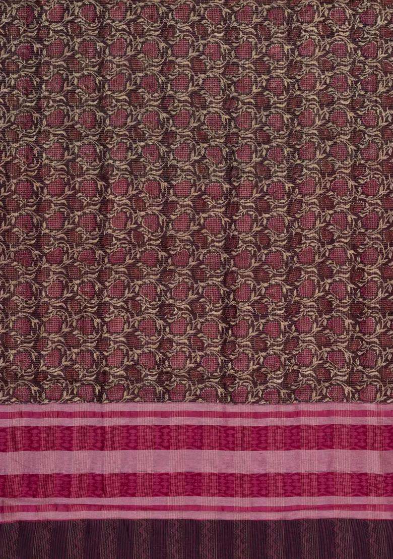 Maroon Printed Chanderi Cotton Saree With Checks Floral Motifs For Women - Indya