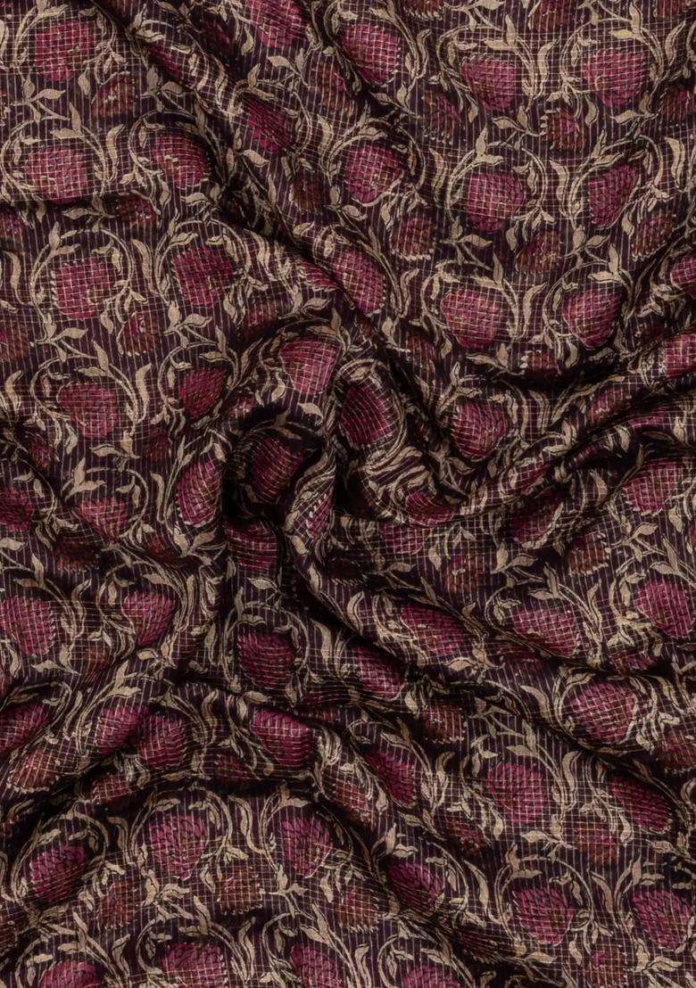 Maroon Printed Chanderi Cotton Saree With Checks Floral Motifs For Women - Indya
