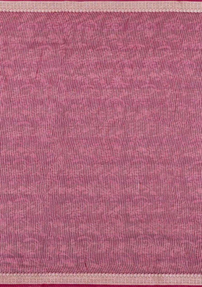 Maroon Printed Chanderi Cotton Saree With Checks Floral Motifs For Women - Indya