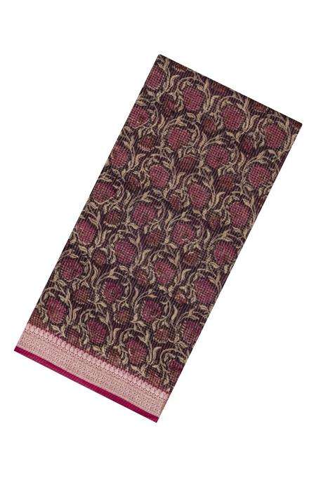 Maroon Printed Chanderi Cotton Saree With Checks Floral Motifs For Women