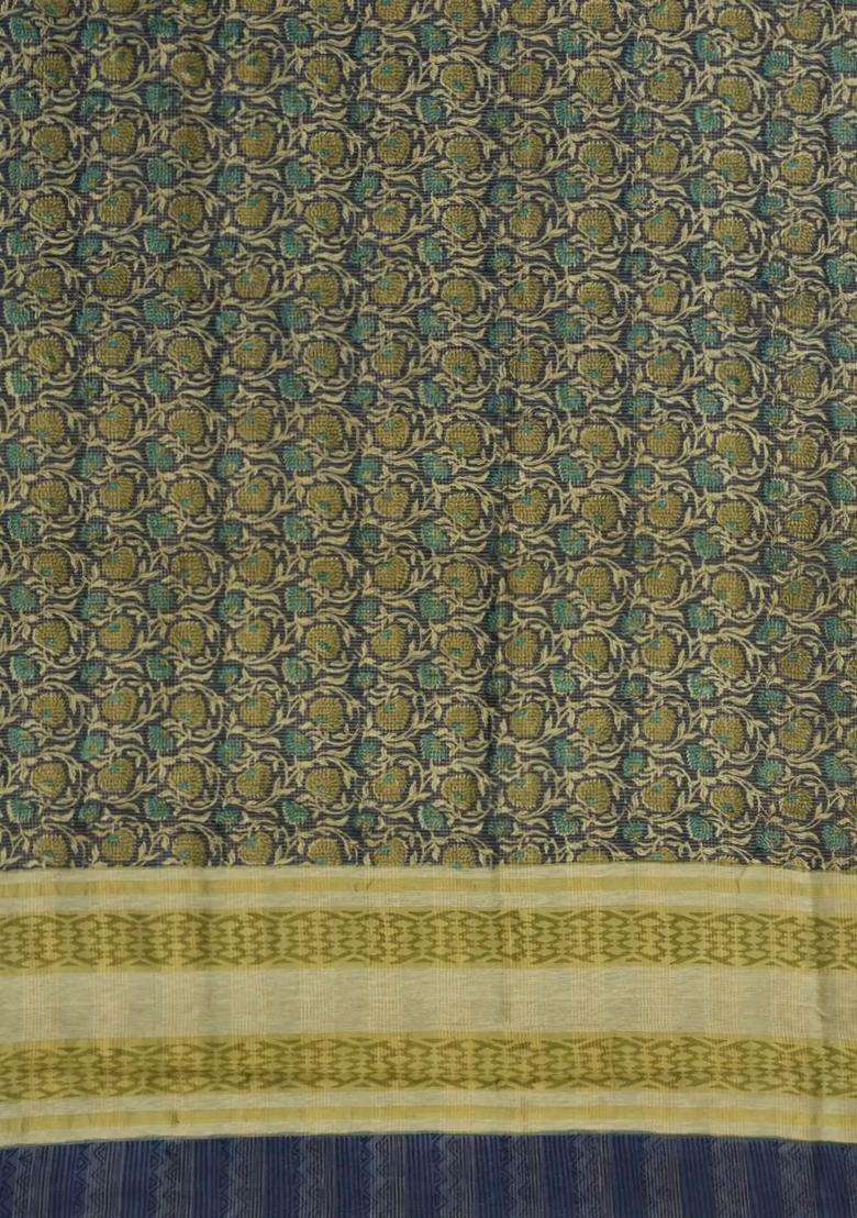 Green Printed Chanderi Cotton Saree With Checks Floral Motifs For Women - Indya