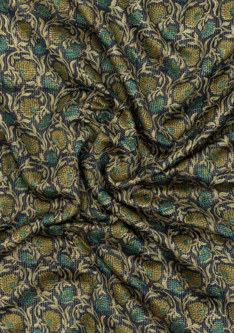 Green Printed Chanderi Cotton Saree With Checks Floral Motifs For Women - Indya