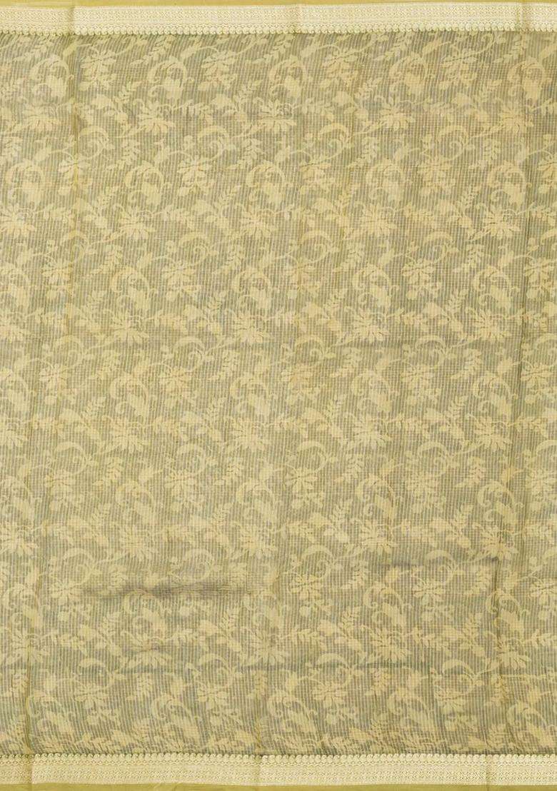 Green Printed Chanderi Cotton Saree With Checks Floral Motifs For Women - Indya