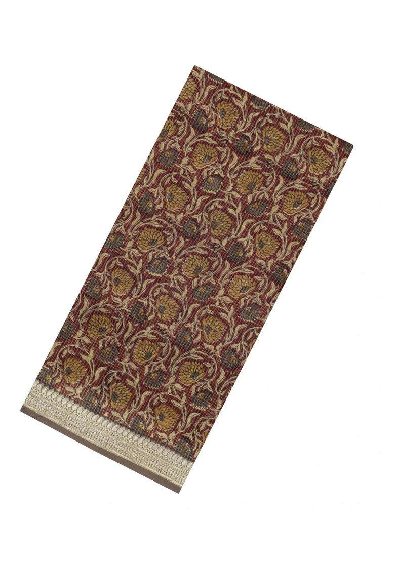 Brown Printed Chanderi Cotton Saree With Checks Floral Motifs For Women - Indya