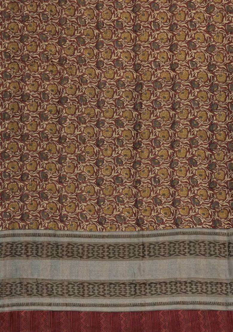 Brown Printed Chanderi Cotton Saree With Checks Floral Motifs For Women - Indya