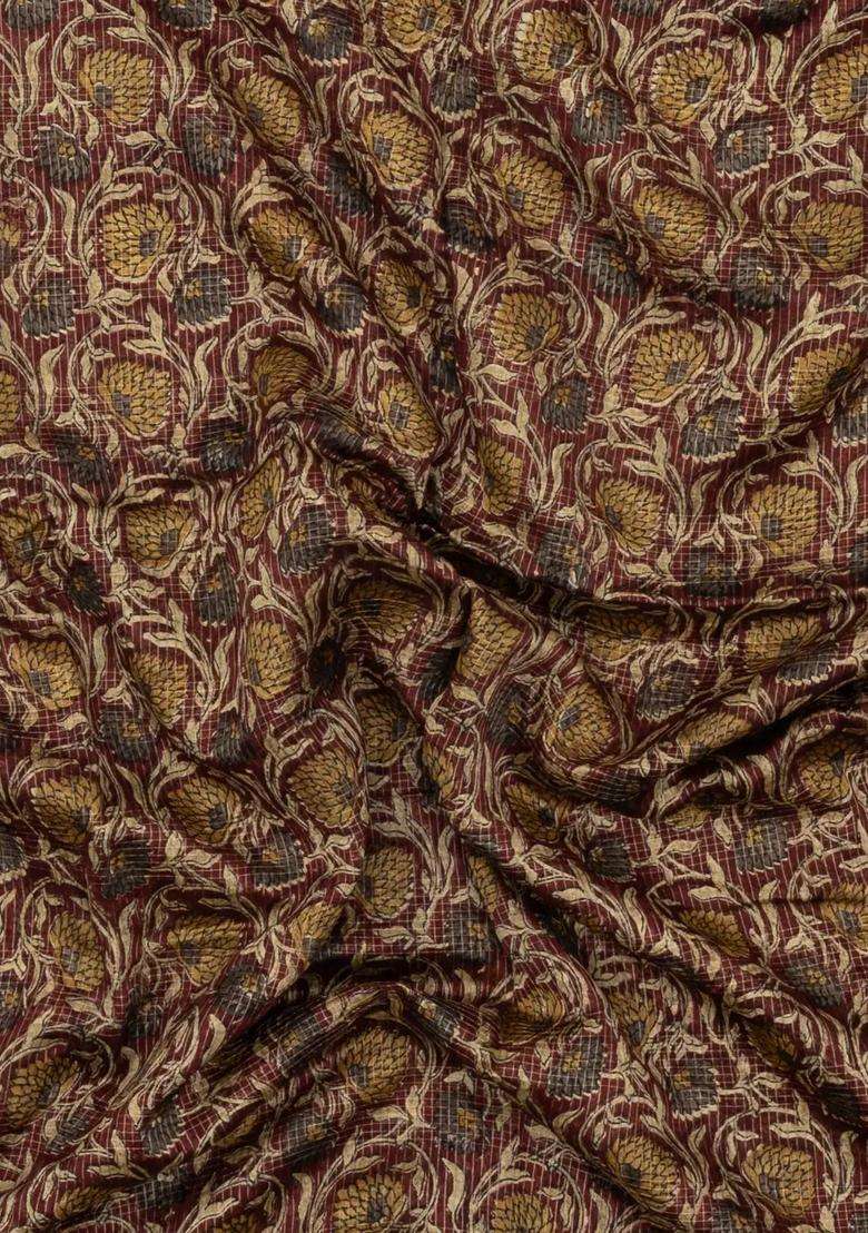 Brown Printed Chanderi Cotton Saree With Checks Floral Motifs For Women - Indya