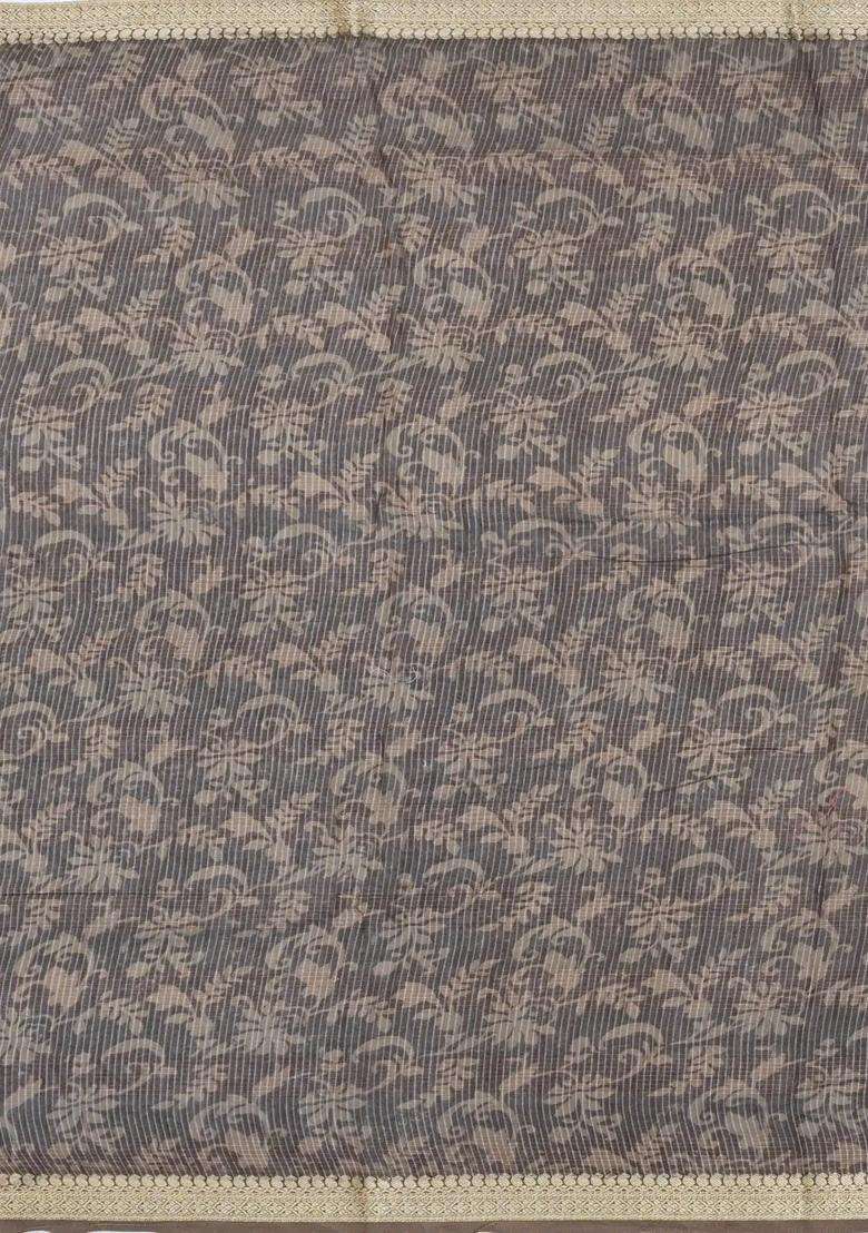 Brown Printed Chanderi Cotton Saree With Checks Floral Motifs For Women - Indya