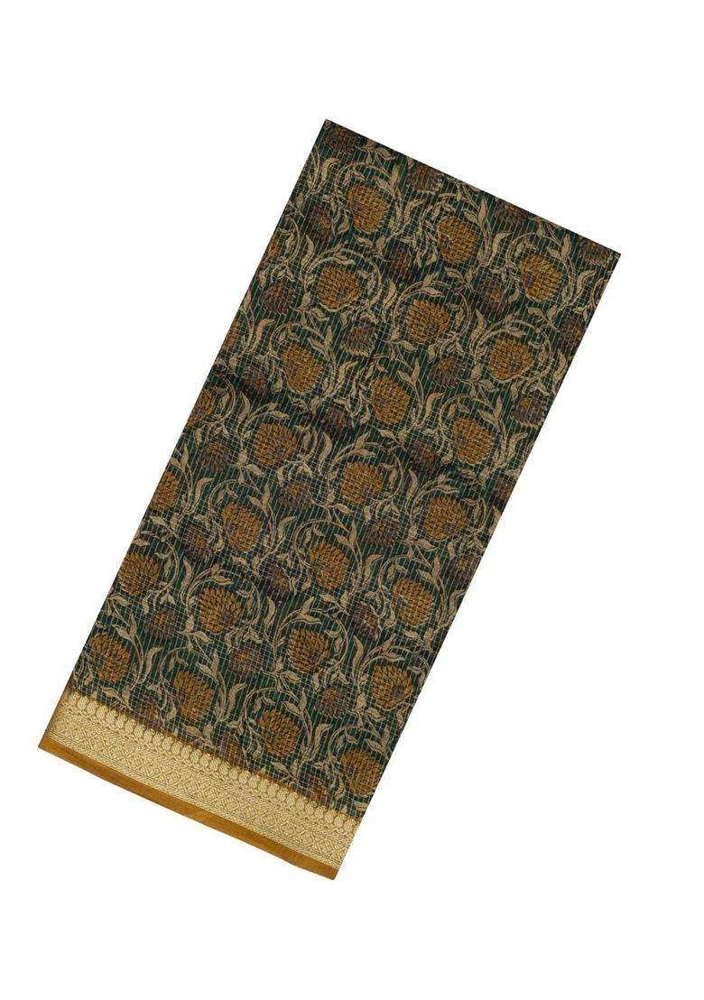 Dark Green Printed Chanderi Cotton Saree With Checks Floral Motifs For Women - Indya