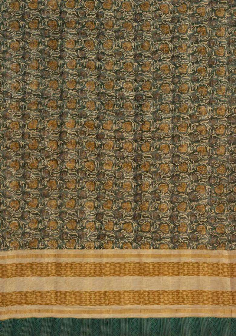 Dark Green Printed Chanderi Cotton Saree With Checks Floral Motifs For Women - Indya