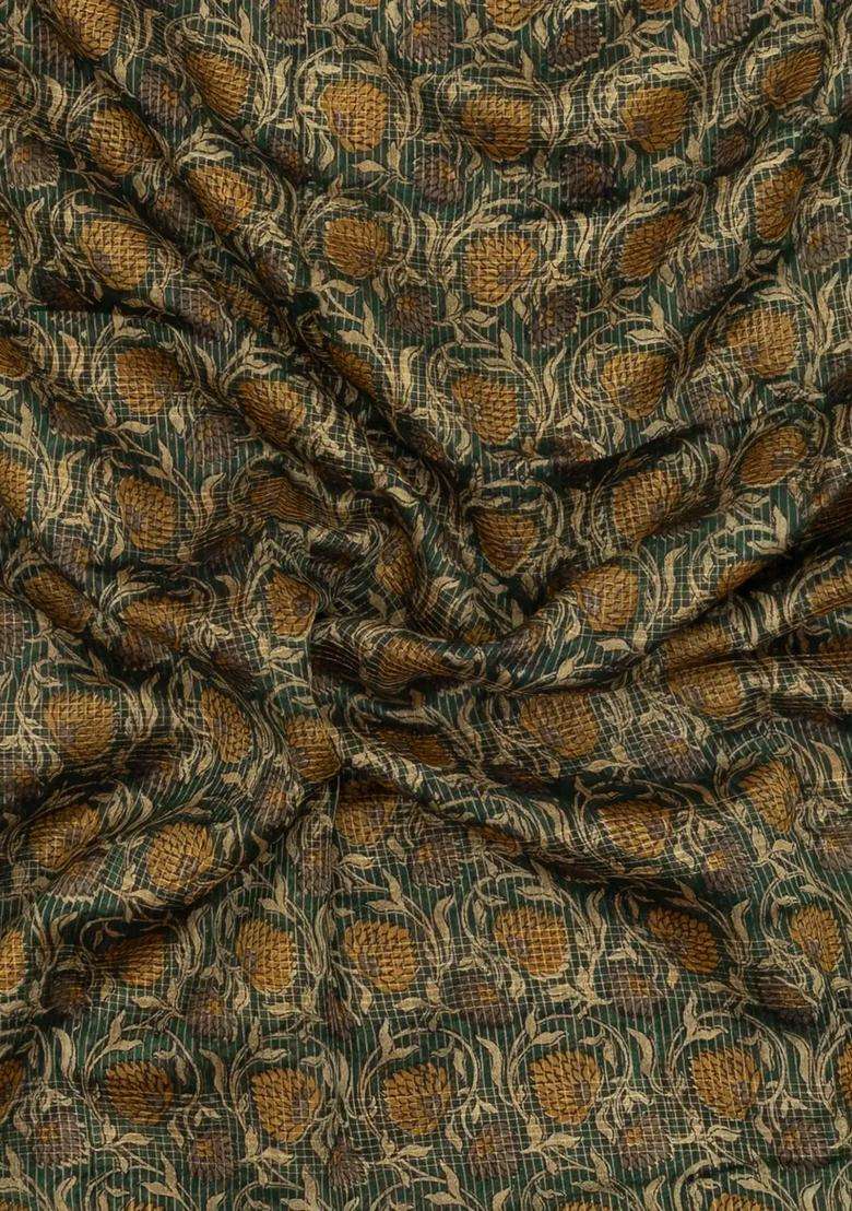 Dark Green Printed Chanderi Cotton Saree With Checks Floral Motifs For Women - Indya