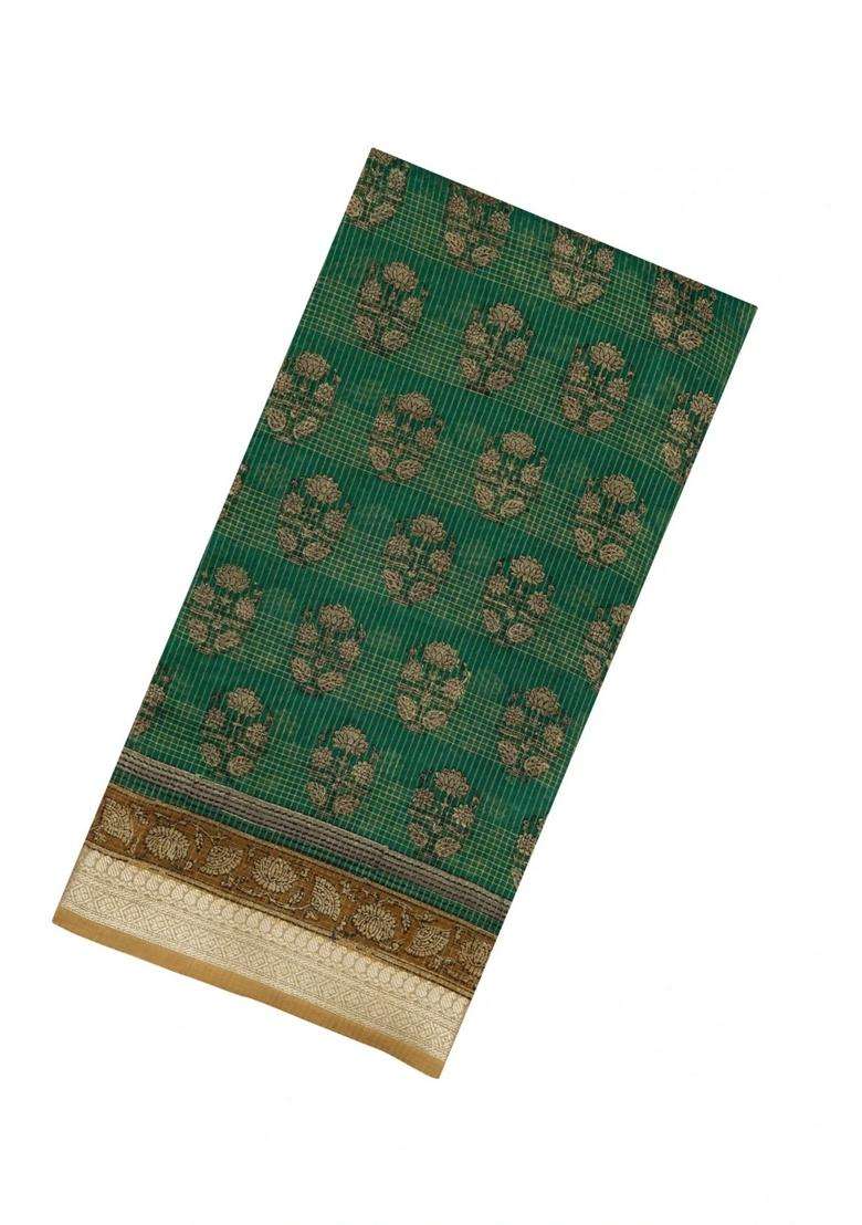 Green Printed Chanderi Cotton Saree With Checks Floral Motifs For Women - Indya