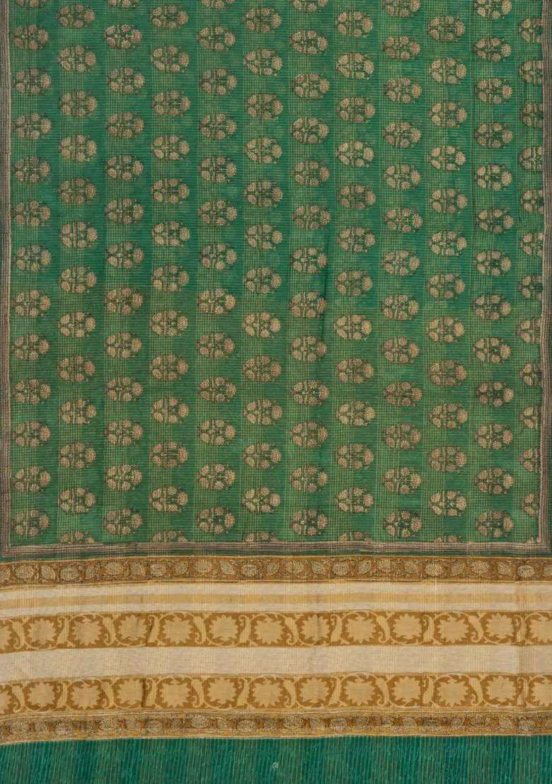 Green Printed Chanderi Cotton Saree With Checks Floral Motifs For Women - Indya