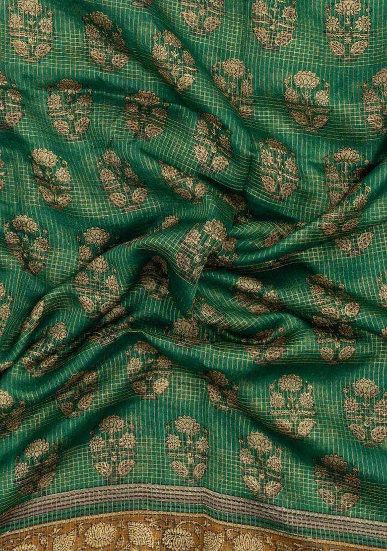 Green Printed Chanderi Cotton Saree With Checks Floral Motifs For Women - Indya