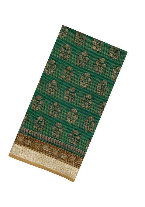 Green Printed Chanderi Cotton Saree With Checks Floral Motifs For Women