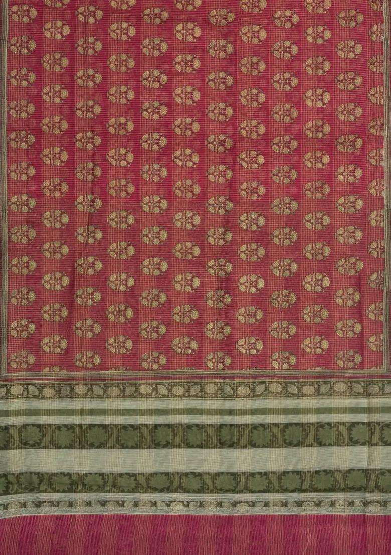 Pink Printed Chanderi Cotton Saree With Checks Floral Motifs For Women - Indya