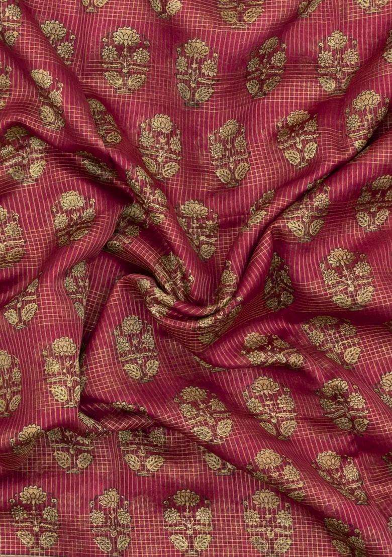 Pink Printed Chanderi Cotton Saree With Checks Floral Motifs For Women - Indya