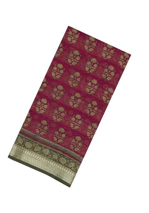 Pink Printed Chanderi Cotton Saree With Checks Floral Motifs For Women