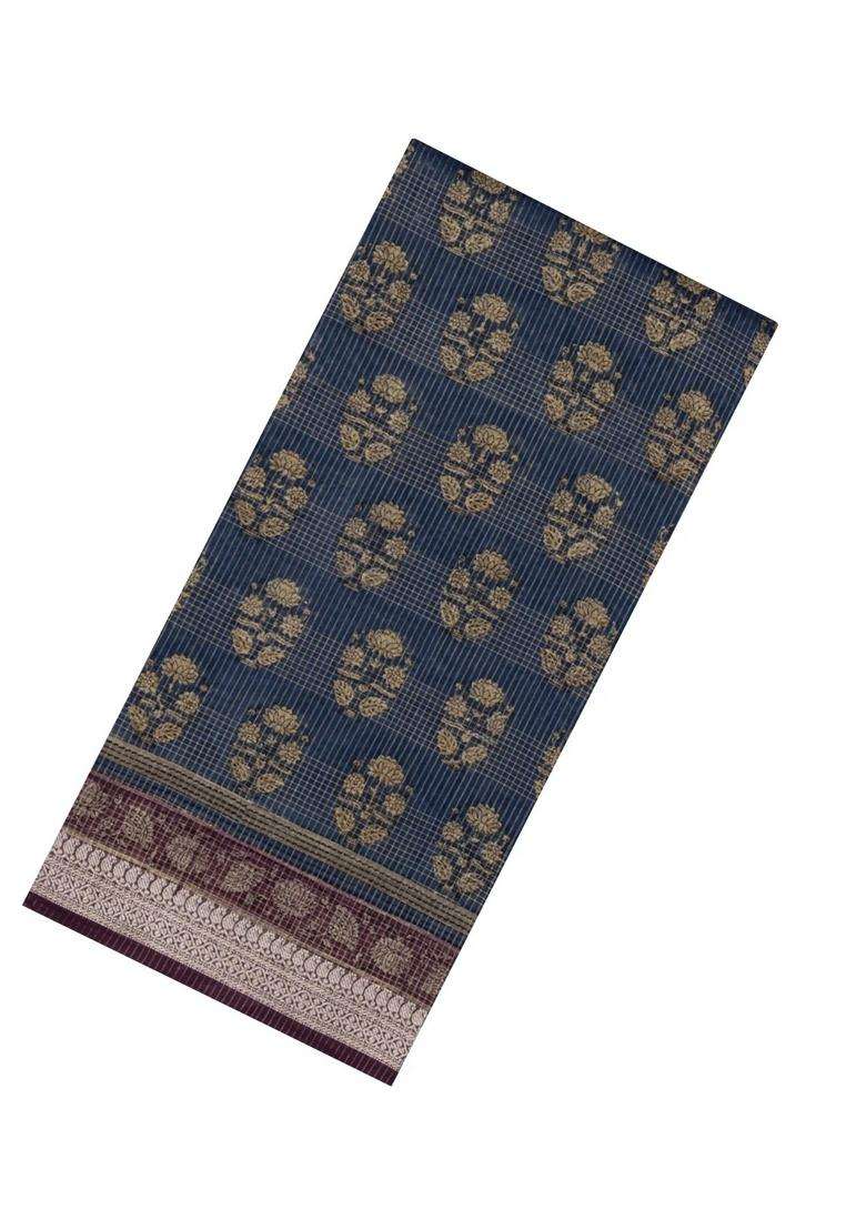 Dark Grey Printed Chanderi Cotton Saree With Checks Floral Motifs For Women - Indya