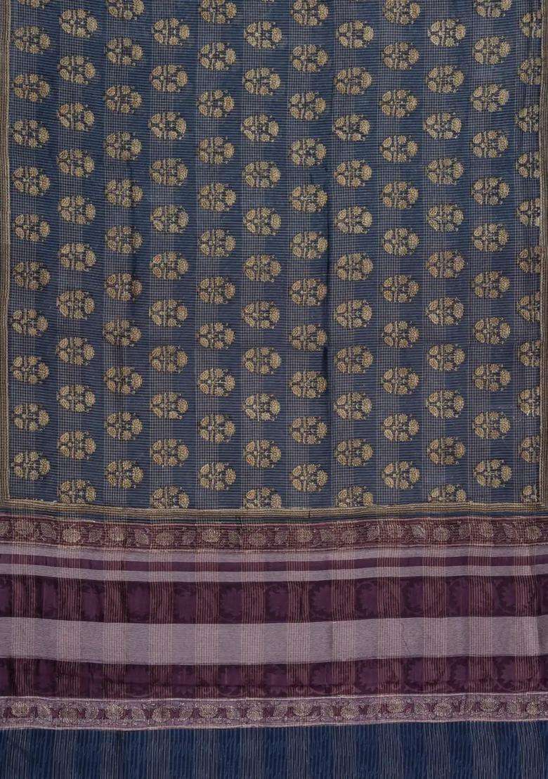 Dark Grey Printed Chanderi Cotton Saree With Checks Floral Motifs For Women - Indya