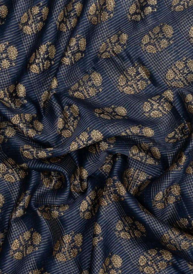 Dark Grey Printed Chanderi Cotton Saree With Checks Floral Motifs For Women - Indya