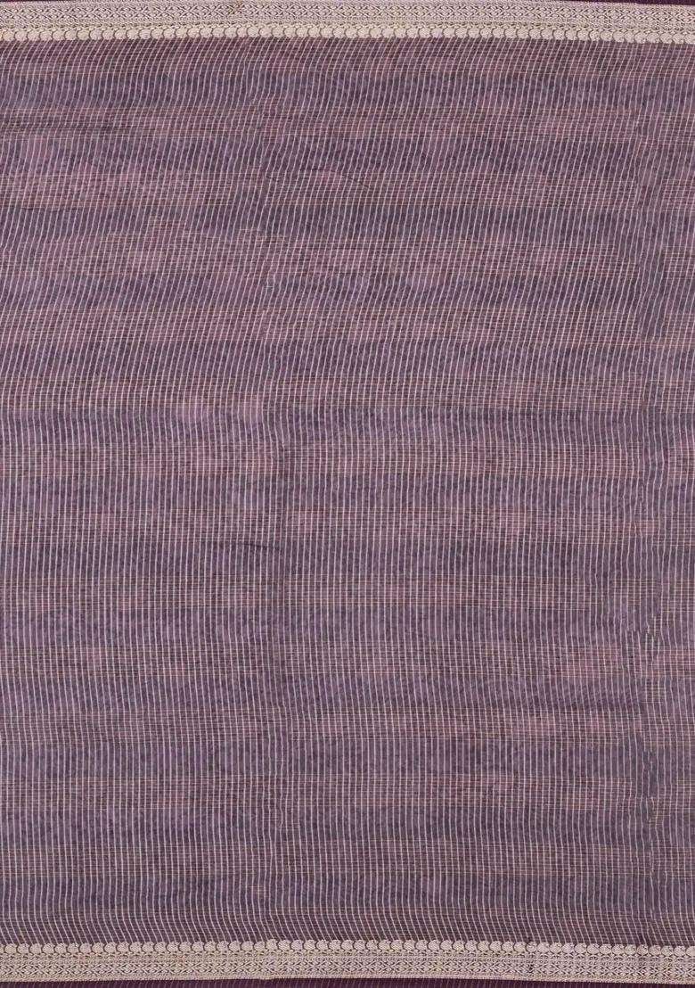 Dark Grey Printed Chanderi Cotton Saree With Checks Floral Motifs For Women - Indya