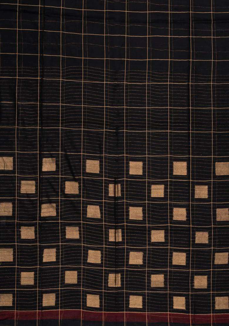 Black Woven Kota Silk Cotton Saree With Zari Checks With Checks And Stripes Design For Women - Indya