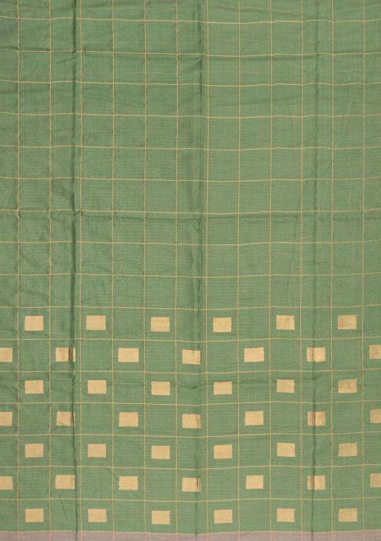 Cardamom Green Woven Kota Silk Cotton Saree With Zari Checks With Checks And Stripes Design For Women - Indya