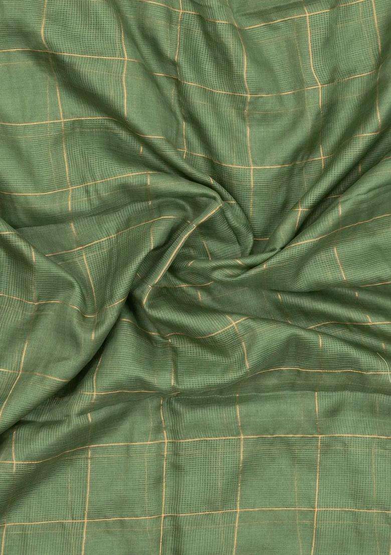Cardamom Green Woven Kota Silk Cotton Saree With Zari Checks With Checks And Stripes Design For Women - Indya