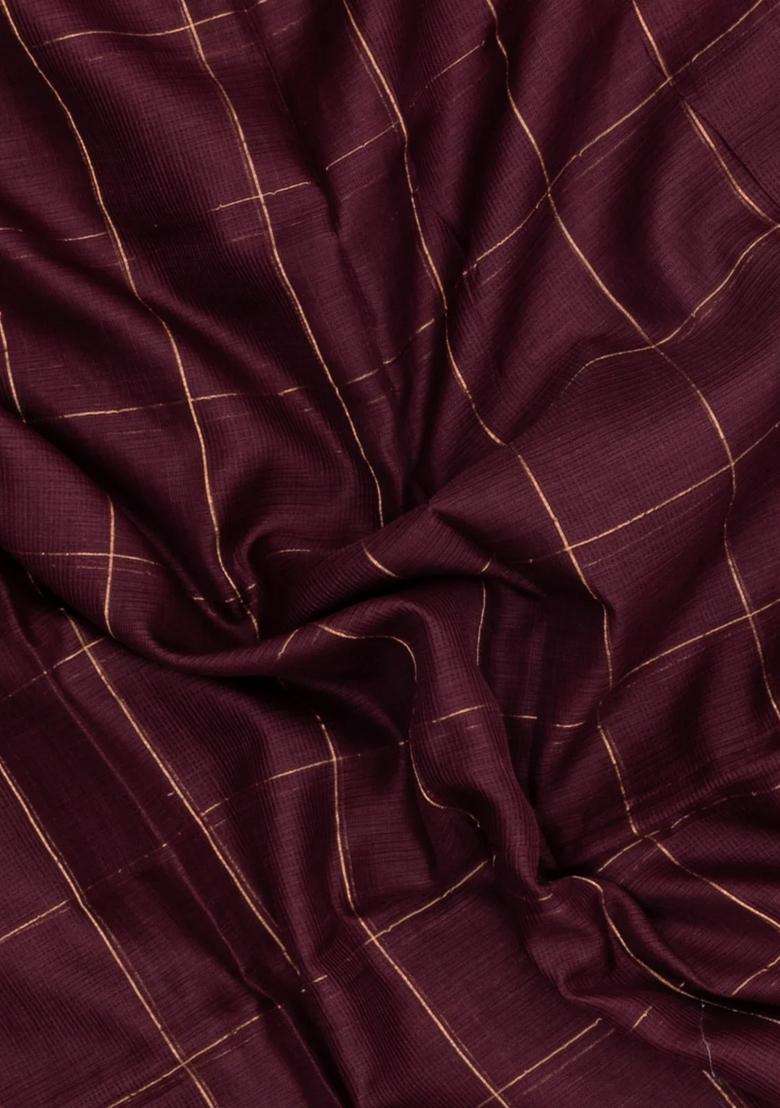 Maroon Woven Kota Silk Cotton Saree With Zari Checks With Checks And Stripes Design For Women - Indya