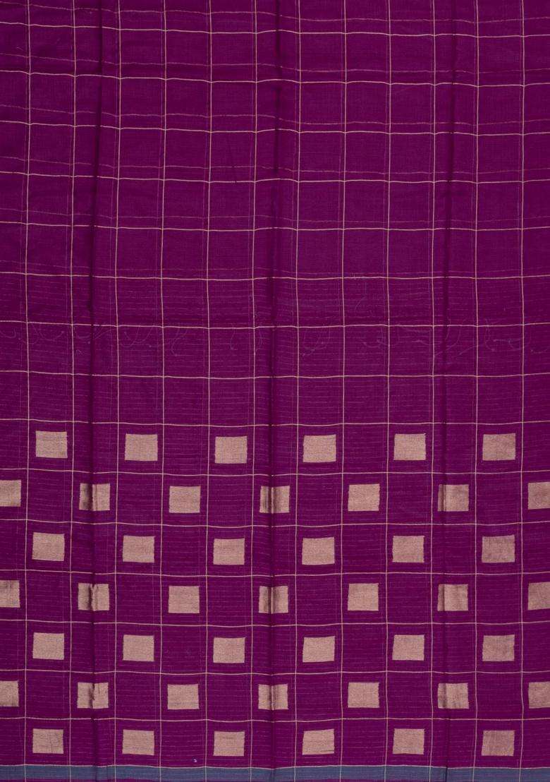 Magenta Woven Kota Silk Cotton Saree With Zari Checks With Checks And Stripes Design For Women - Indya
