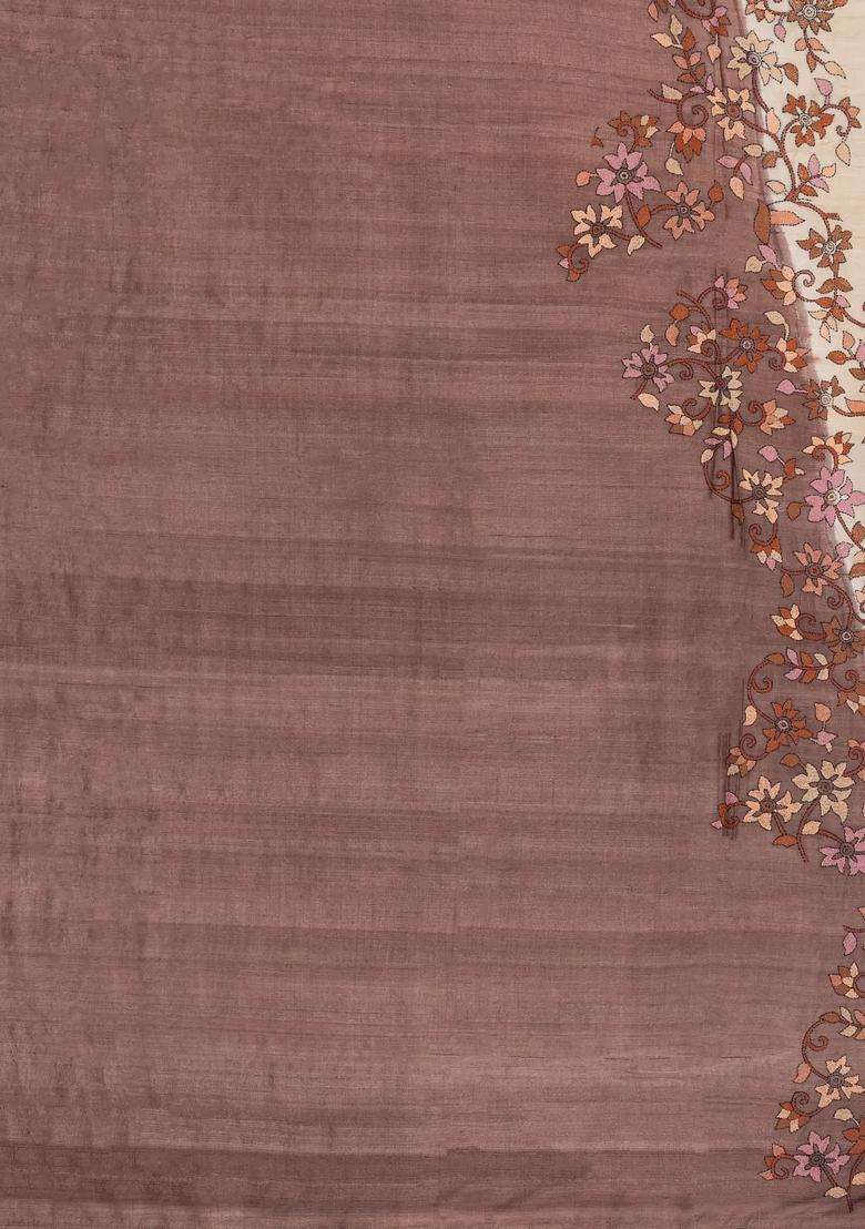 Brown Embroidered Tussar Silk Saree With Rising Border For Women - Indya
