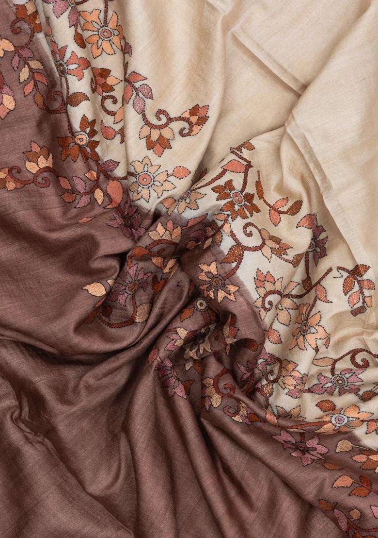 Brown Embroidered Tussar Silk Saree With Rising Border For Women - Indya
