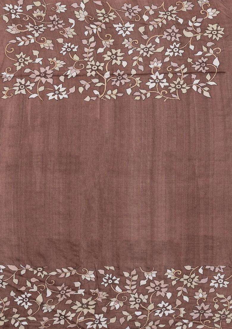 Brown Embroidered Tussar Silk Saree With Rising Border For Women - Indya