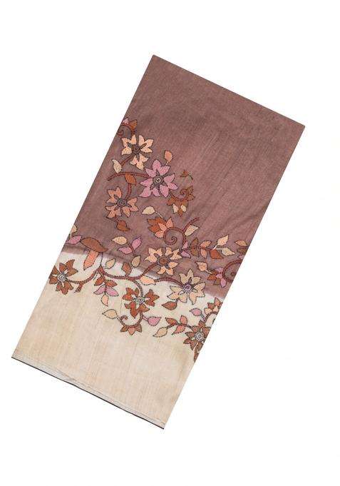 Brown Embroidered Tussar Silk Saree With Rising Border For Women