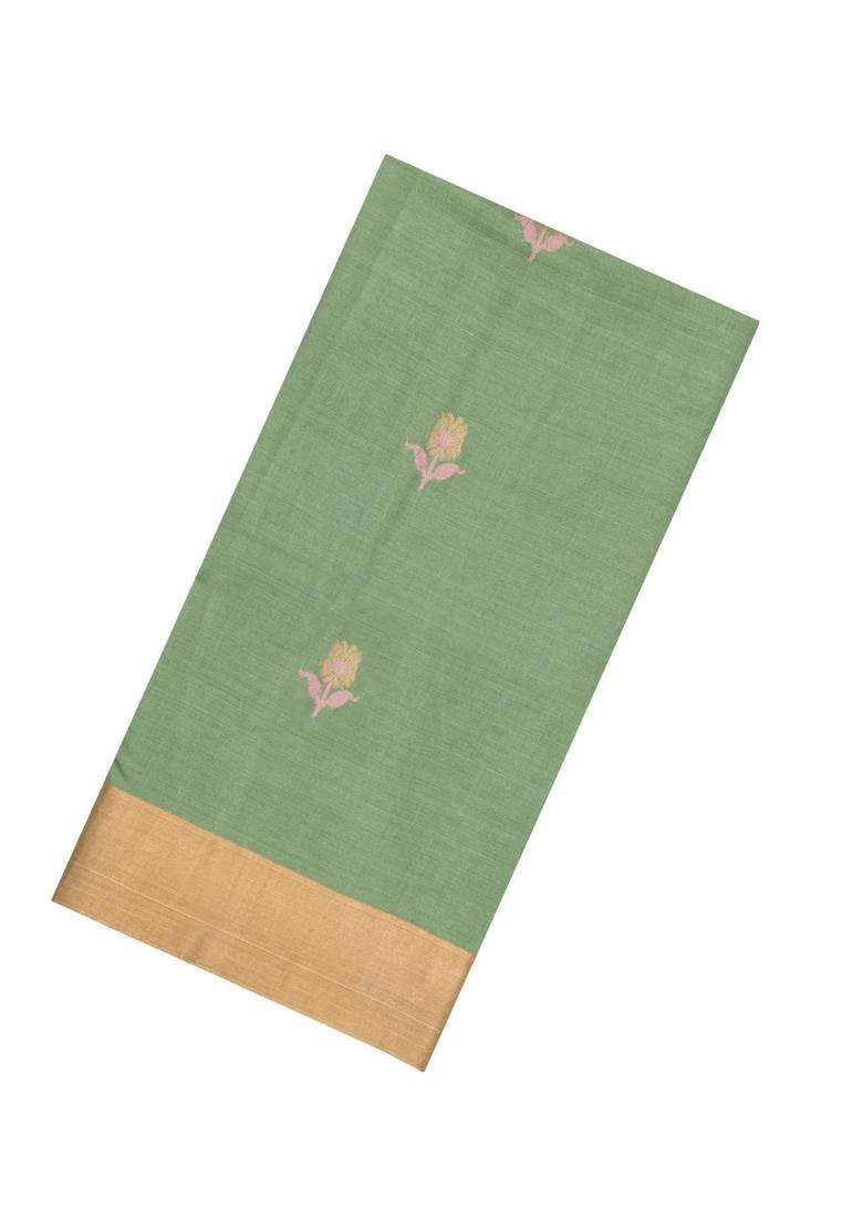 Cardamom Green Woven Tussar Silk Saree With Buttas Zari Border With Buttas And Brocade Design For Women - Indya