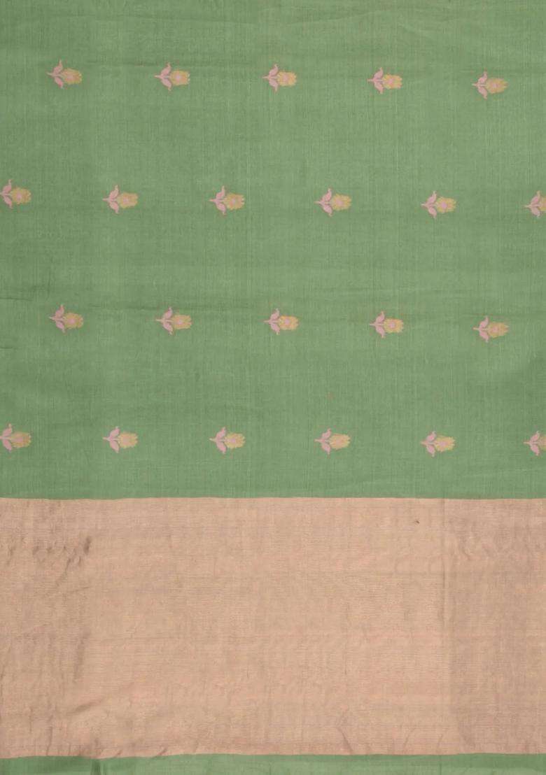 Cardamom Green Woven Tussar Silk Saree With Buttas Zari Border With Buttas And Brocade Design For Women - Indya